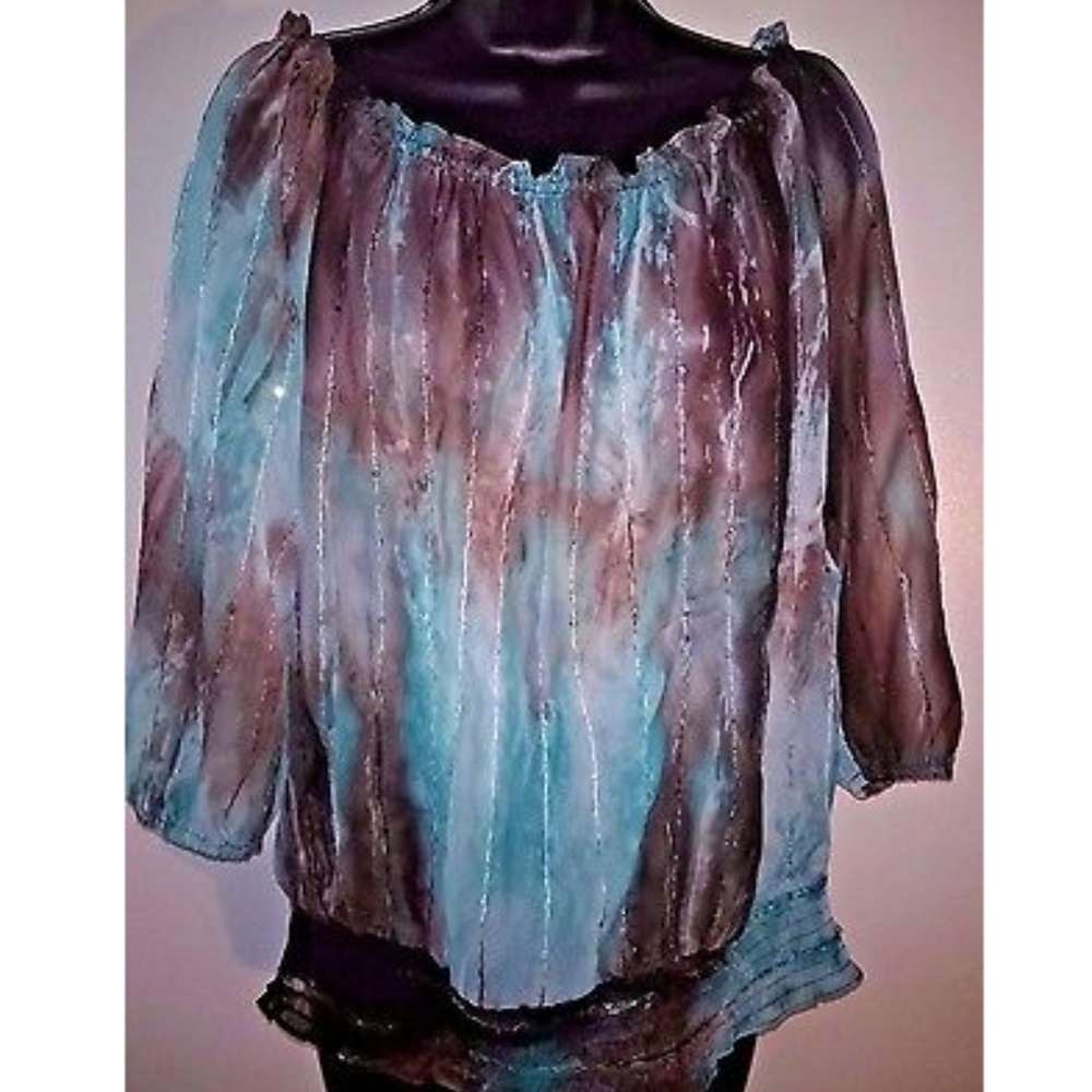 Peter Nygard Sheer Sequin 3/4 Sleeve Blouse Shirt